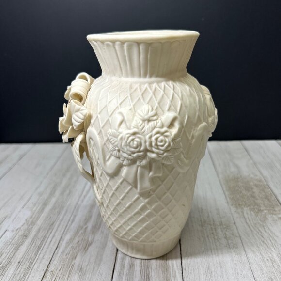 Vintage Bisque Porcelain Vase Sculpted 3D Raised Flower Pattern 6.25'' Tall - Picture 2 of 7
